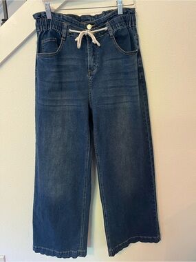 Wide Leg Drawstring Jeans - Dark Blue
